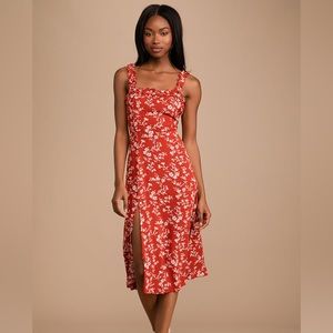 Lulus Garden Date Red Orange Floral Midi Dress- barely worn, size M